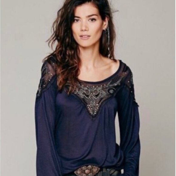 Free People Boho Beaded Mesh Bodice Long Sleeve Size Medium - Picture 1 of 11